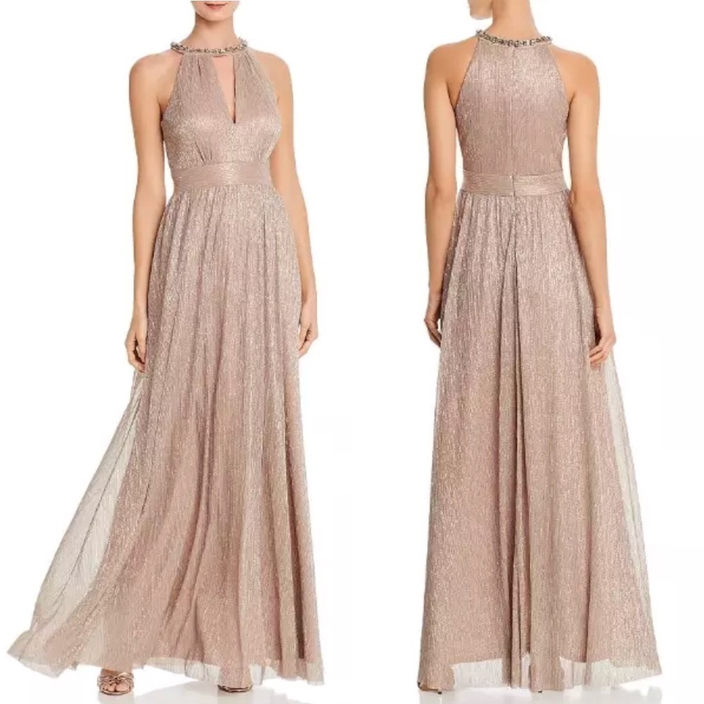 NEW Eliza J Embelished Halter Metallic Knit Gown Women's 8